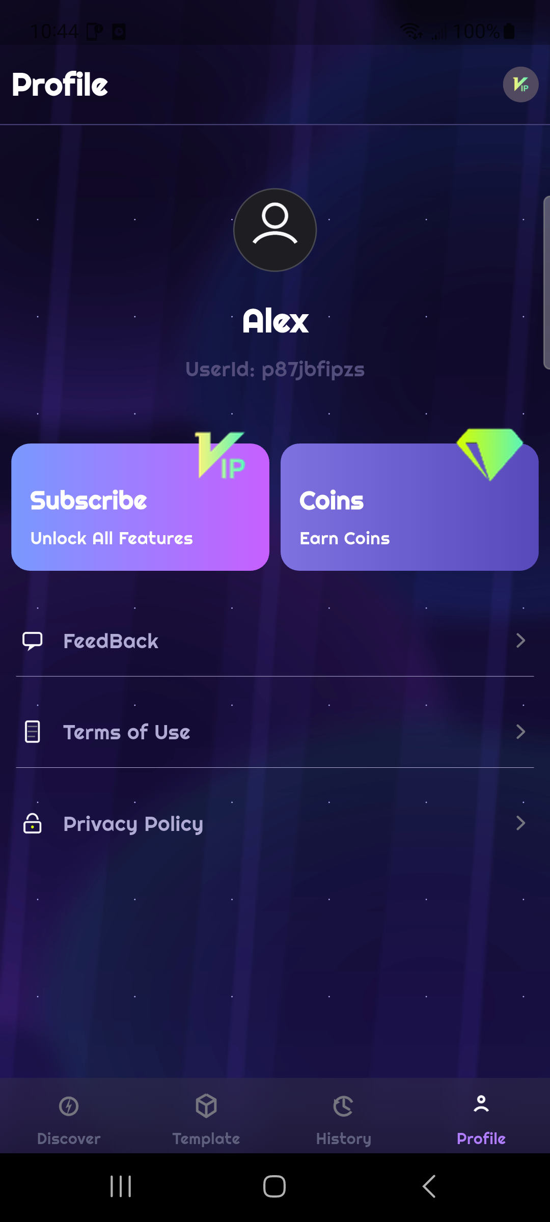 Profile page with subscription, coins, feedback, terms, and privacy options.